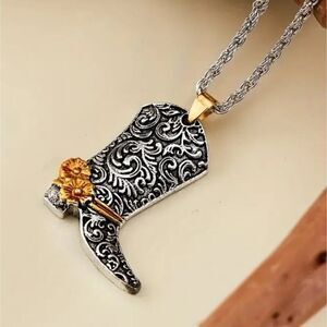 Silver Carved Flower Cowboy Boot Pendant Necklace Fashion Accessories